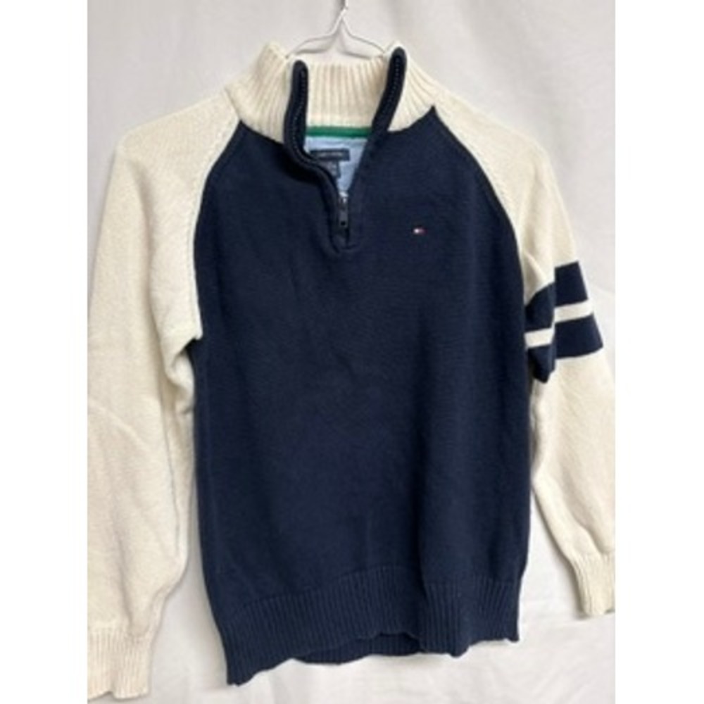 Tommy Hilfiger Boys Navy Blue Cream Quarter Zip Sweater M 12-14 Stripe Sleeves
